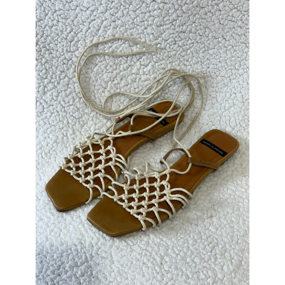 Braided Lace-Up Sandals in Tan and Cream